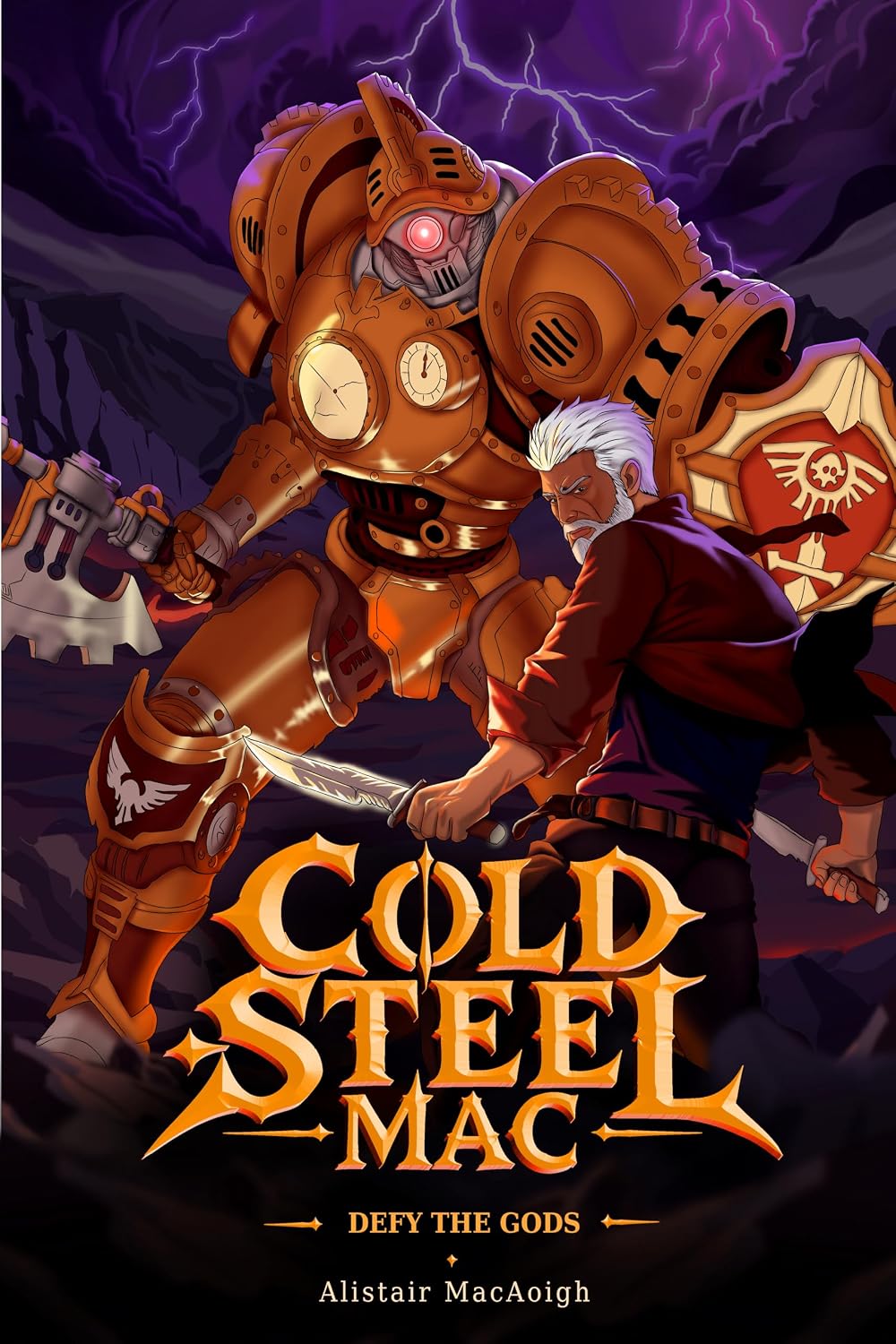 Cover art for Cold Steel Mac: Defy the Gods: a white-haired man gripping two knives faces a towering brass clockwork giant beneath a purple, lightning-streaked sky